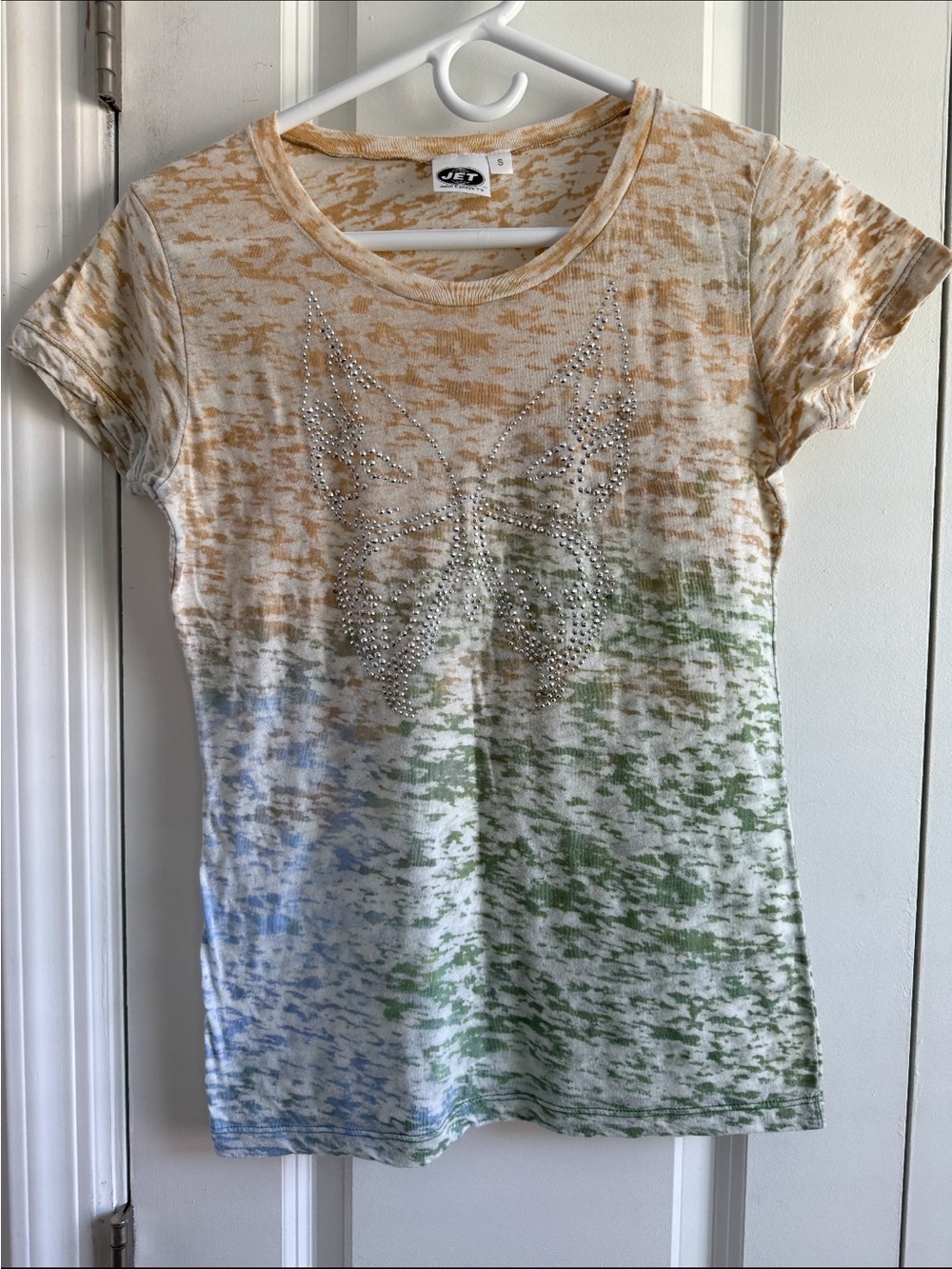 JET Burnout Long Sleeve Tee in Multicolor with Rhinestone Butterfly